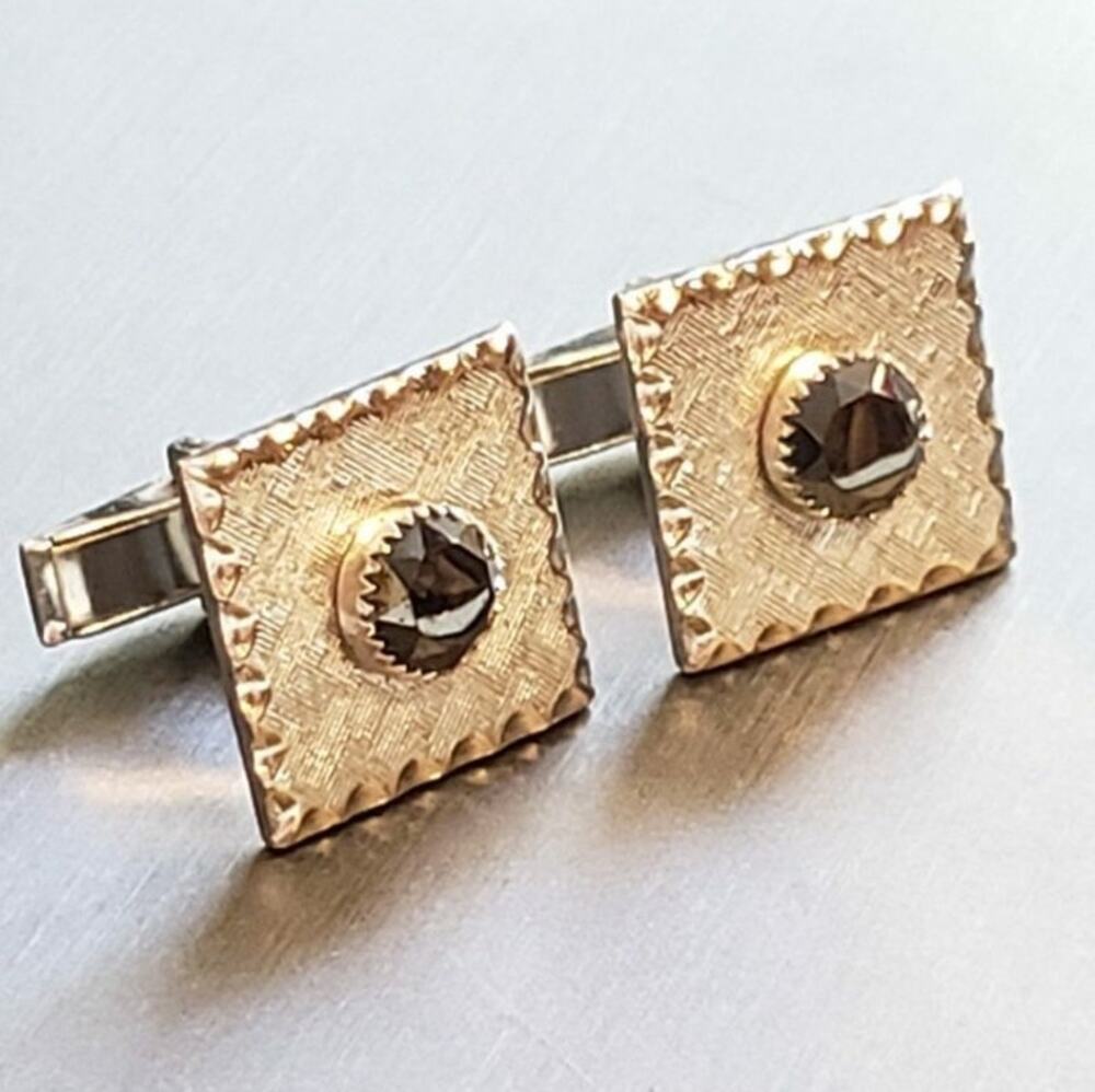 Vintage Cuff‎ Links Faux Black Diamond Cuff Links Silvert-tone Unisex cl-
